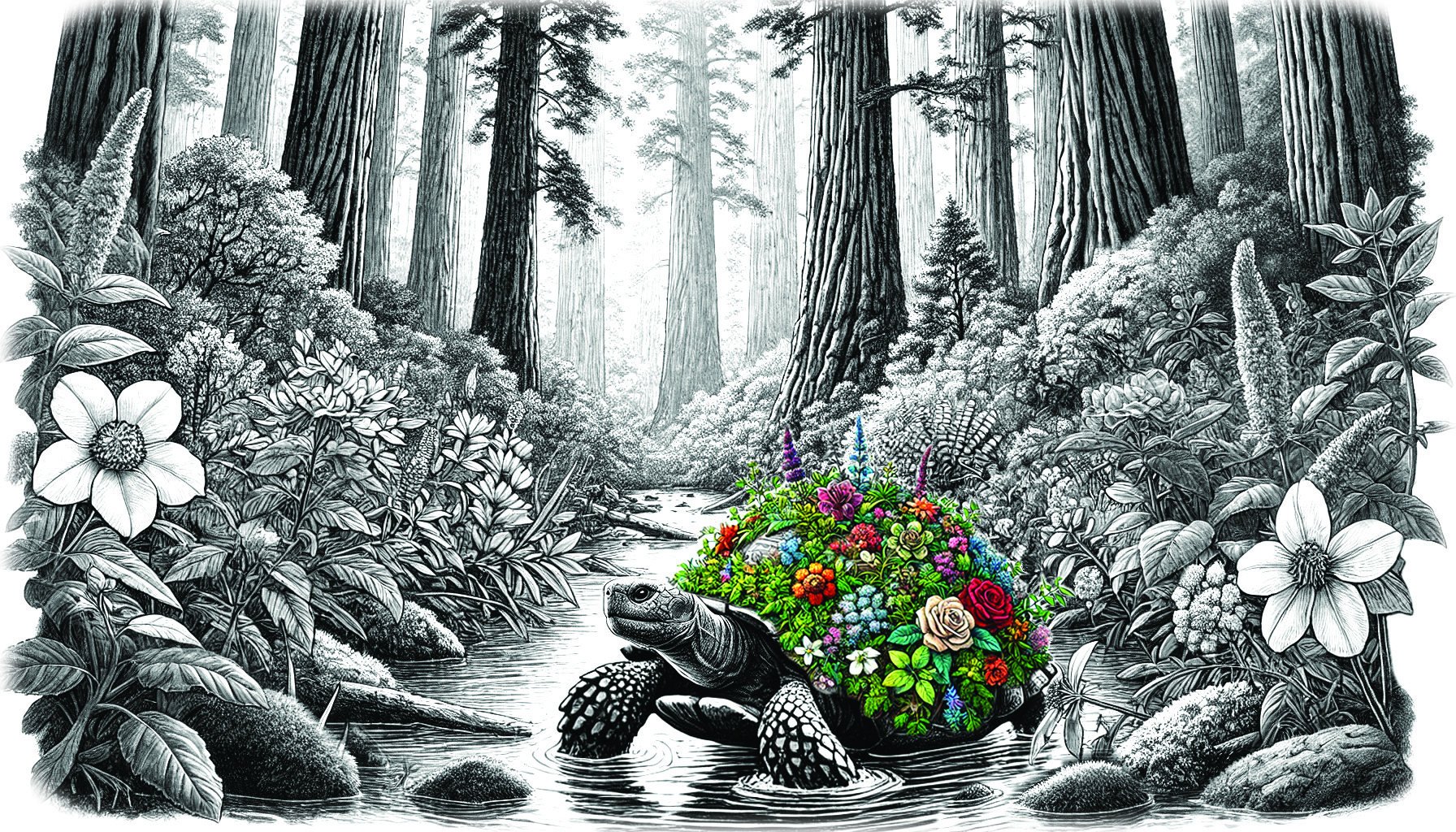 Artwork of tortoise in creek